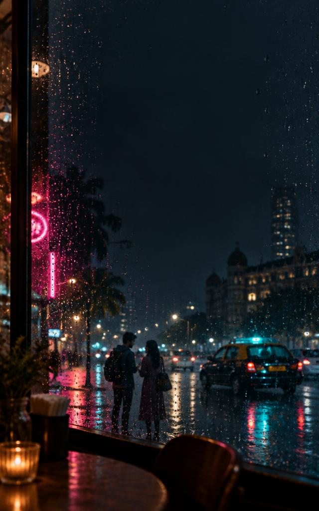 Rainy Mumbai street with a couple and reflected city lights